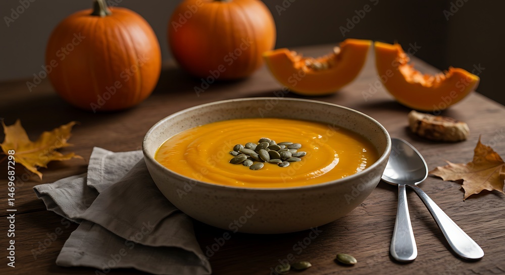 Pumpkin Soup with Seeds on Wood Table Pumpkin Soup with Seeds on Wood Table