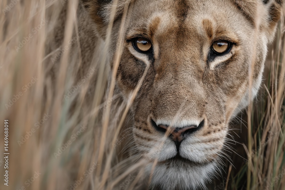 Fototapeta premium Dramatic Close-Up Portrait of a Lioness Staring Intently Through Tall Grass With Clear Details and Focused Gaze