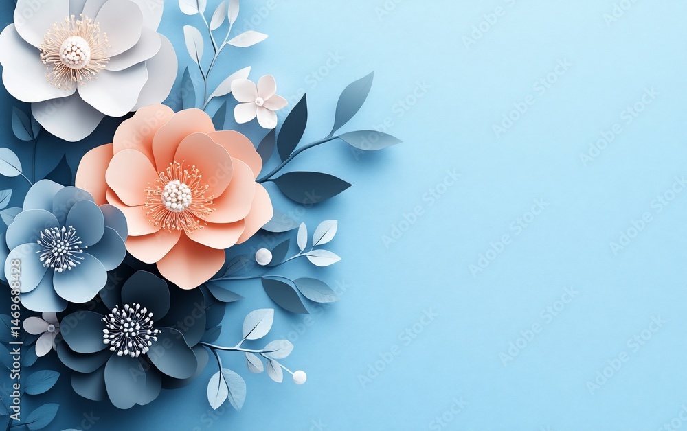 Naklejka premium Delicate paper flowers in soft pastel colors arranged in corner composition on a light blue background.