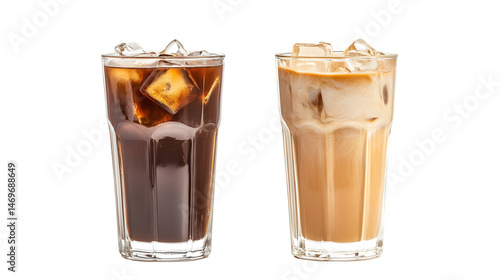 Stylish Set of Black Iced Coffee and Iced Latte Coffee with Milk on Table