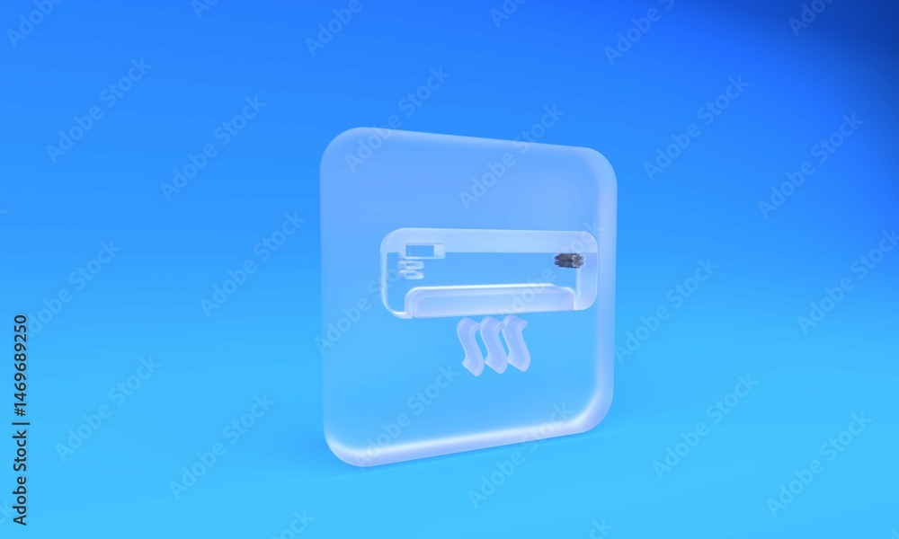 Frosted glass Air conditioner icon isolated on blue background. Split system air conditioning. Cool and cold climate control system. Square frosted glass button. 3D render illustration Frosted glass Air conditioner icon isolated on blue background. Split system air conditioning. Cool and cold climate control system. Square frosted glass button. 3D render illustration