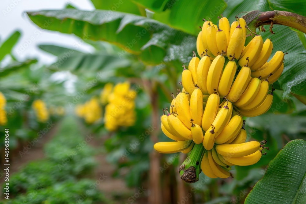 Naklejka premium Lush tropical plantation displaying vibrant yellow bananas hanging ripe on the tree, amidst green foliage