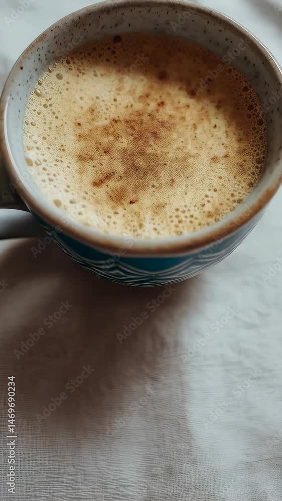 Foamy coffee drink in patterned blue ceramic mug sitting on natural colored textured linen fabric, overhead view, beverage photography Foamy coffee drink in patterned blue ceramic mug sitting on natural colored textured linen fabric, overhead view, beverage photography