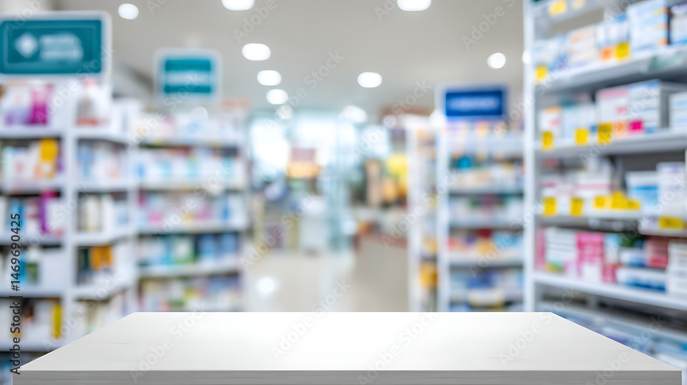 White countertop in a blurred pharmacy setting with shelves of medication and healthcare products in the background providing space for product display or advertisements White countertop in a blurred pharmacy setting with shelves of medication and healthcare products in the background providing space for product display or advertisements