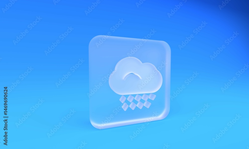 Frosted glass Cloud with rain icon isolated on blue background. Rain cloud precipitation with rain drops. Square frosted glass button. 3D render illustration Frosted glass Cloud with rain icon isolated on blue background. Rain cloud precipitation with rain drops. Square frosted glass button. 3D render illustration