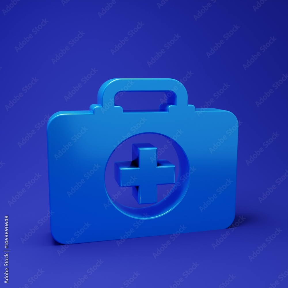 Blue First aid kit icon isolated on blue background. Medical box with cross. Medical equipment for emergency. Healthcare concept. Minimalism concept. 3D render illustration Blue First aid kit icon isolated on blue background. Medical box with cross. Medical equipment for emergency. Healthcare concept. Minimalism concept. 3D render illustration