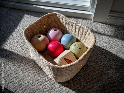 Natural woven basket filled with colorful wooden toys placed on textured carpet near window in daylight, expressing calm childhood atmosphere and aesthetic interior organization of playful learning.