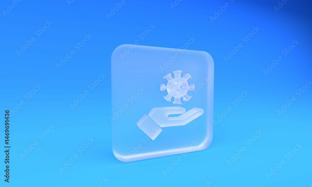 Frosted glass Hand with virus icon isolated on blue background. Corona virus 2019-nCoV. Bacteria and germs, cell cancer, microbe, fungi. Square frosted glass button. 3D render illustration Frosted glass Hand with virus icon isolated on blue background. Corona virus 2019-nCoV. Bacteria and germs, cell cancer, microbe, fungi. Square frosted glass button. 3D render illustration