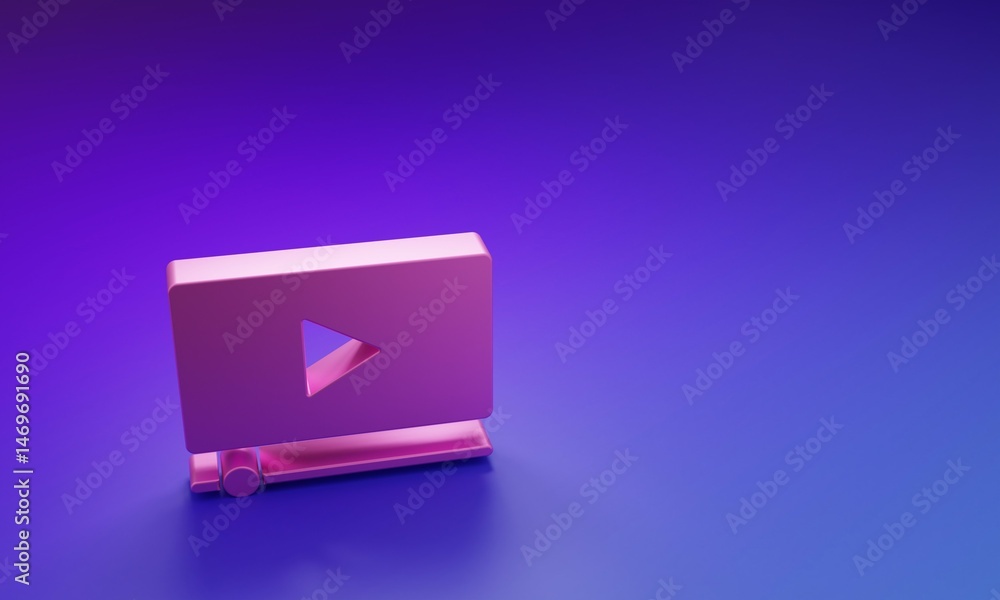 Pink Online play video icon isolated on purple-blue background. Film strip with play sign. Minimalism concept. 3D render illustration Pink Online play video icon isolated on purple-blue background. Film strip with play sign. Minimalism concept. 3D render illustration