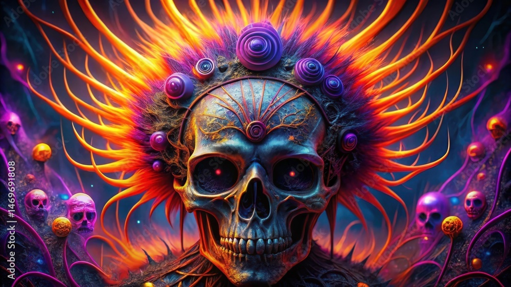 A Mystical Skull Adorned with Vibrant, Surreal Hair and Ornate Headpiece, Surrounded by Glowing, Otherworldly Elements A Mystical Skull Adorned with Vibrant, Surreal Hair and Ornate Headpiece, Surrounded by Glowing, Otherworldly Elements