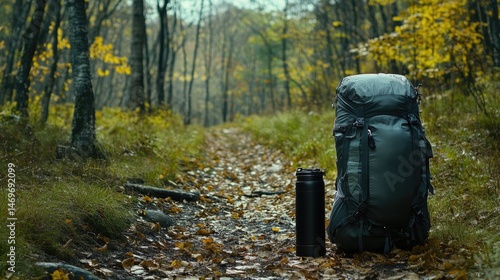 Wallpaper Mural A hiking backpack and water bottle on a forest path. Torontodigital.ca