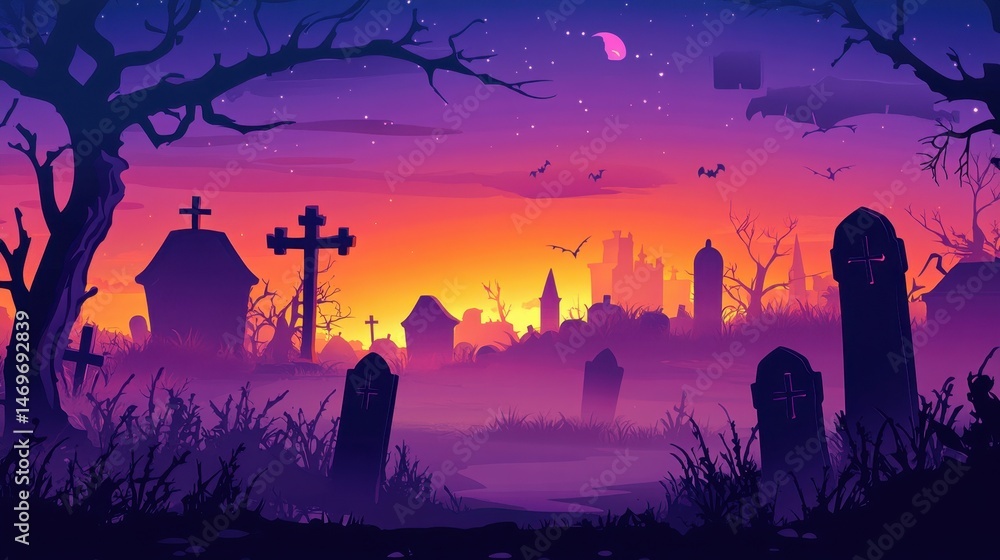 Naklejka premium Foggy Halloween cemetery with tombstones, crosses, bare trees, bats, and a castle silhouette against a colorful sunset sky with a crescent moon and stars. Spooky and atmospheric scene.