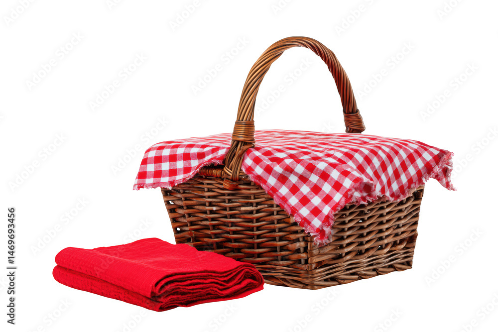 Brown Woven Picnic Basket With Red And White Checkered Cloth And Red Towel On Transparent Background Brown Woven Picnic Basket With Red And White Checkered Cloth And Red Towel On Transparent Background