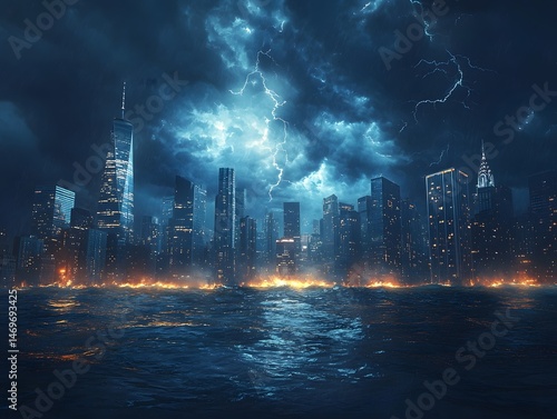 Obraz na płótnie Towering Skyscrapers Engulfed by a Violent Storm w salonie