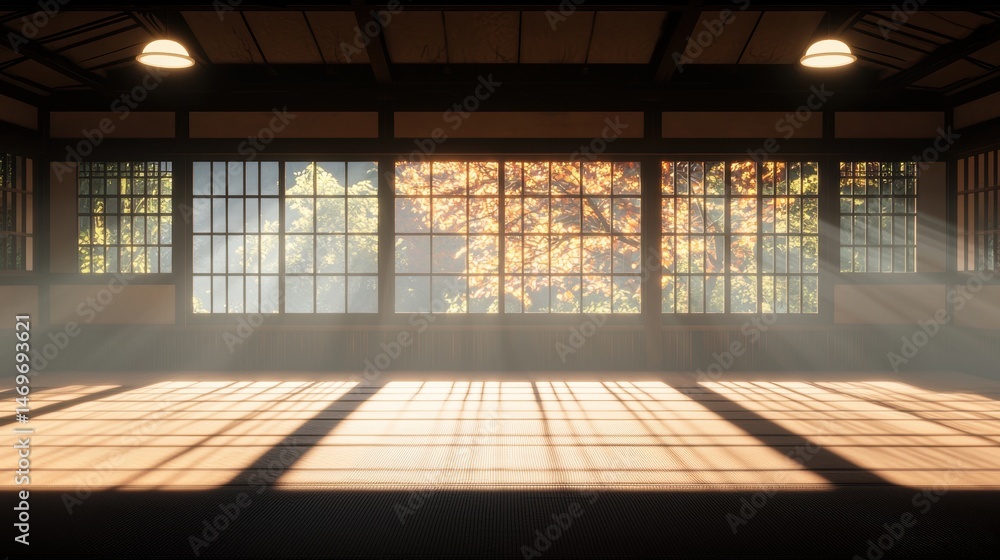 A serene Japanese room with a large window, wooden floor, and tatami mats. A serene Japanese room with a large window, wooden floor, and tatami mats.