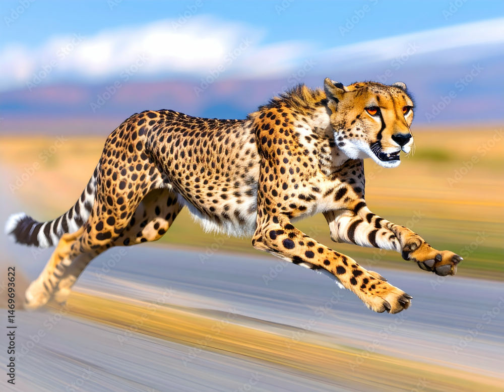Obraz premium Fast Cheetah Running on a Road in Sunny Savanna