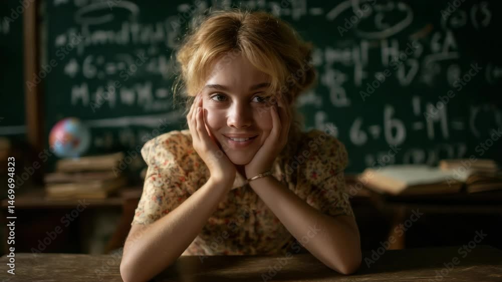 Smiling young student rests head in her hands at desk in classroom with blackboard, books and globe Smiling young student rests head in her hands at desk in classroom with blackboard, books and globe