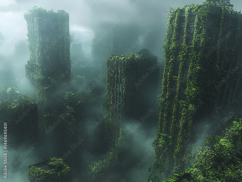 Nature s Reclamation Towering Ruins Shrouded in Mist