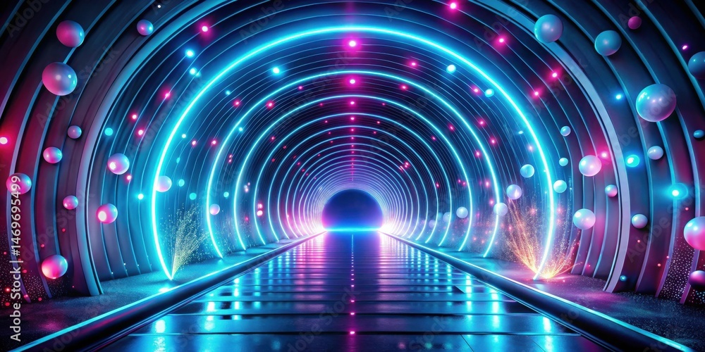 Futuristic Neon Tunnel with Glowing Orb Decor and Sparkling Effects Futuristic Neon Tunnel with Glowing Orb Decor and Sparkling Effects