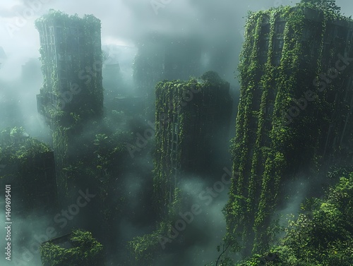 Obraz na płótnie Nature s Reclamation Towering Ruins Shrouded in Mist w salonie