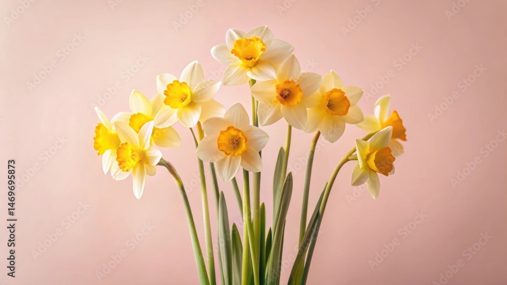 A delicate bouquet of pale yellow daffodils with vibrant orange centers, elegantly arranged against a soft pink backdrop, showcasing their springtime beauty and delicate fragrance. A delicate bouquet of pale yellow daffodils with vibrant orange centers, elegantly arranged against a soft pink backdrop, showcasing their springtime beauty and delicate fragrance.