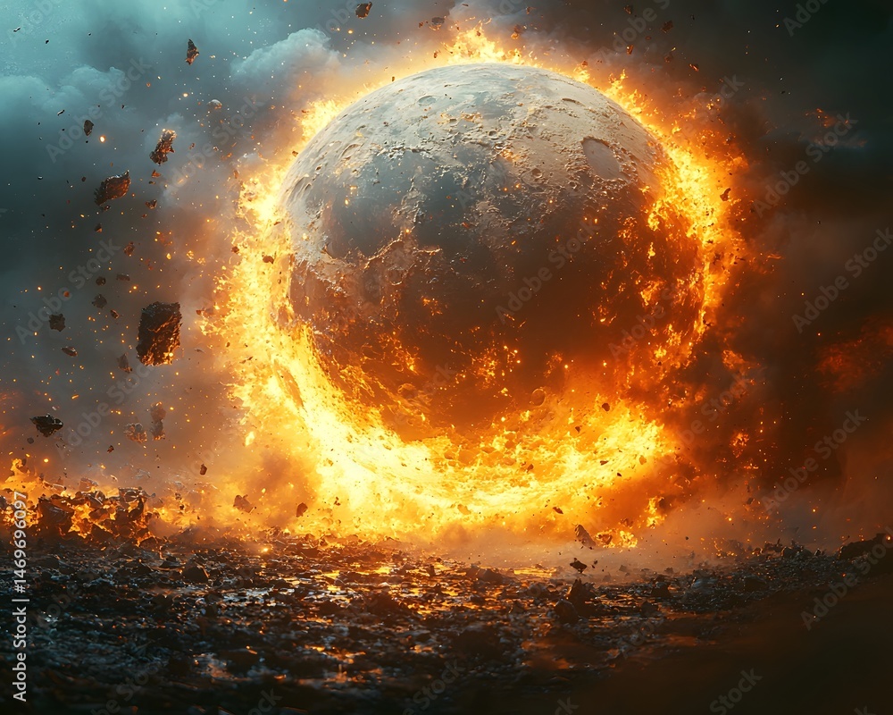 Cataclysmic collision of the moon and earth in a surreal cosmic landscape