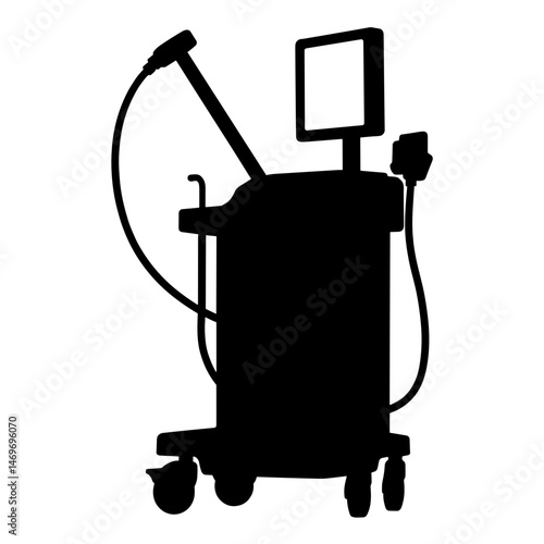 Silhouette of medical ventilator with control screen and tube, black and white medical equipment for respiratory support