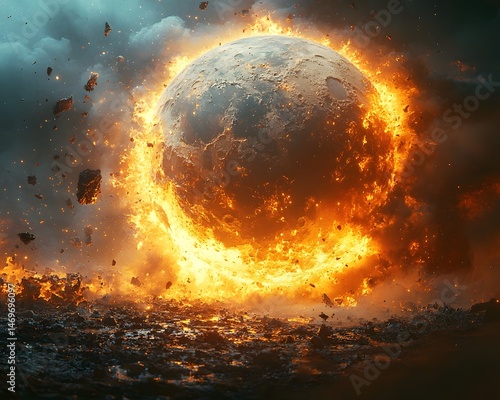 Obraz na płótnie Cataclysmic collision of the moon and earth in a surreal cosmic landscape w salonie