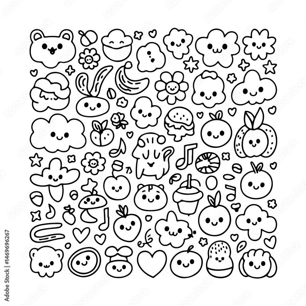 Set of kawaii doodle on white background. Hand drawn abstract doodle isolated on white background. Set of kawaii doodle on white background. Hand drawn abstract doodle isolated on white background.