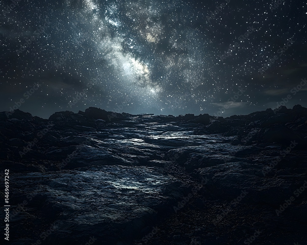 Starry night over a tranquil ocean