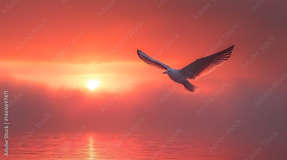 A lone bird soaring high above a glowing sunset