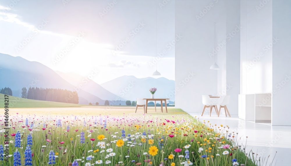 Obraz premium Flower Field Dining Room with Mountain View