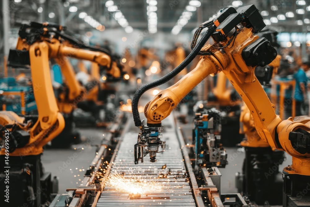 Industrial Robotics in Action: Automated Manufacturing Process Scene Industrial Robotics in Action: Automated Manufacturing Process Scene