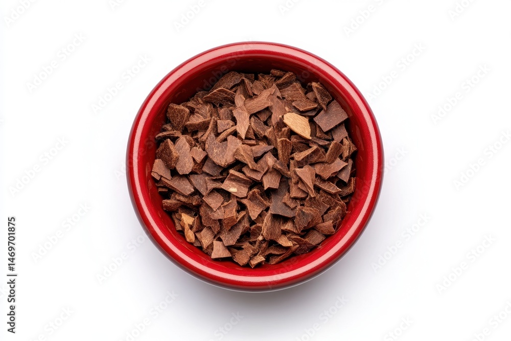 Fototapeta premium Red bowl with dry feline food bits, isolated white background