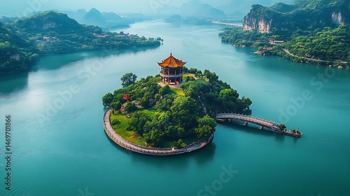 Yangtze river island temple pavilion images