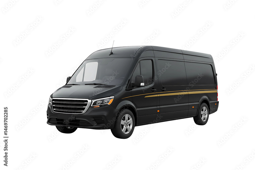 A black cargo van with tinted windows isolated on transparent background A black cargo van with tinted windows isolated on transparent background