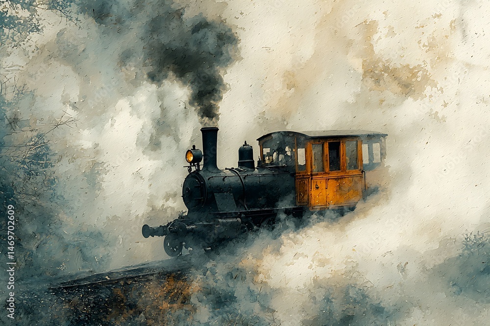 Fototapeta premium Misty Mountain Railroad: A Vintage Steam Train Journey Through Time