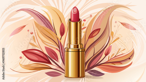  Elegant nude lipstick with gold tube on beautiful white background