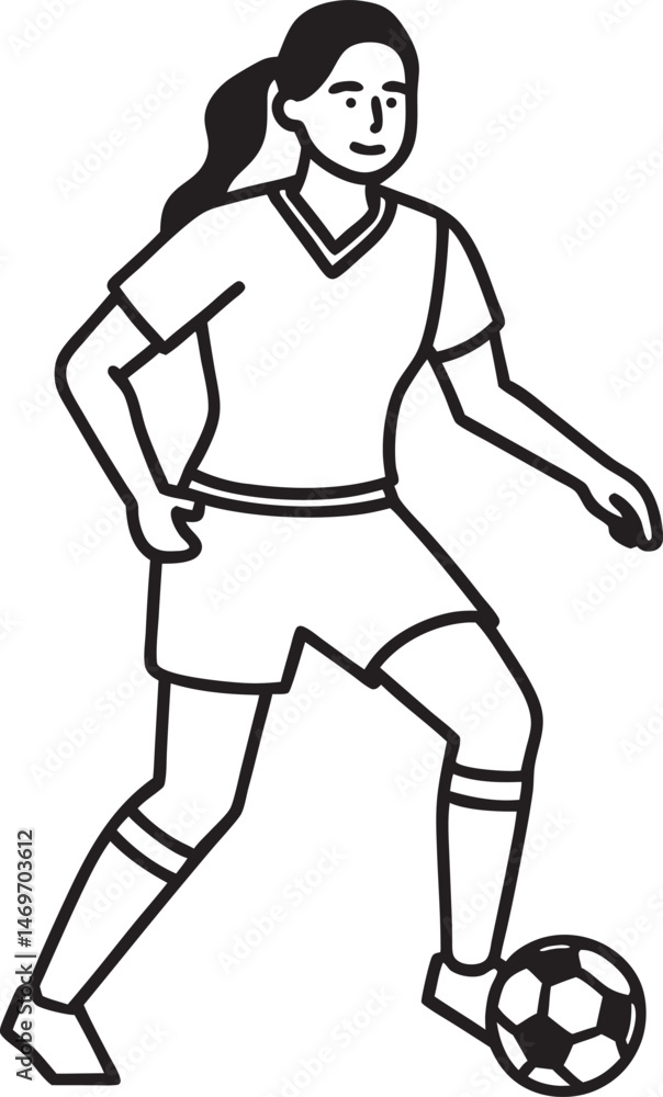 Fototapeta premium Female soccer silhouette vector on white background, line art, icon editable vector illustration 