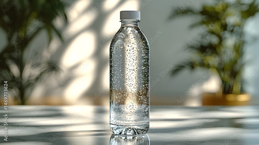 Transparent water bottle on a minimalist white background