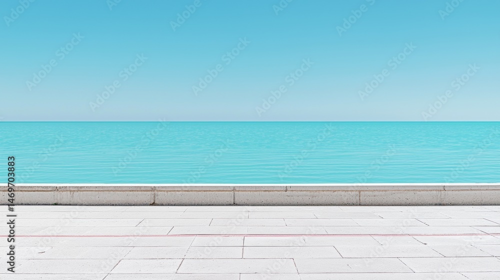 Fototapeta premium A serene beach scene with a calm ocean and clear blue sky.