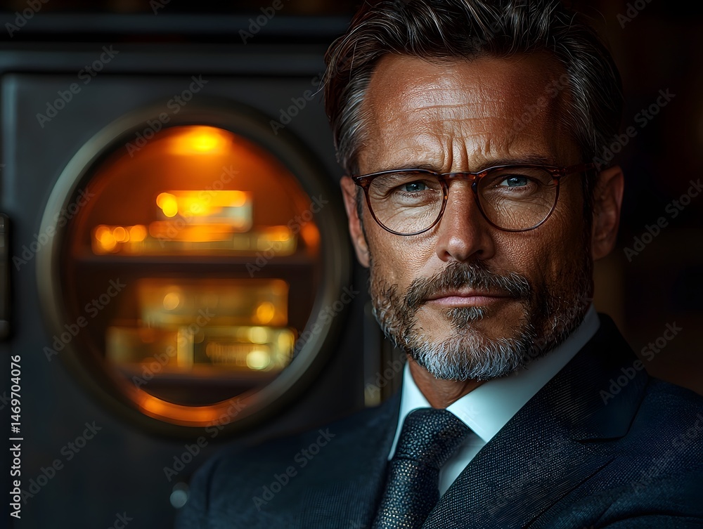 Confident businessman standing before a safe holding valuable assets