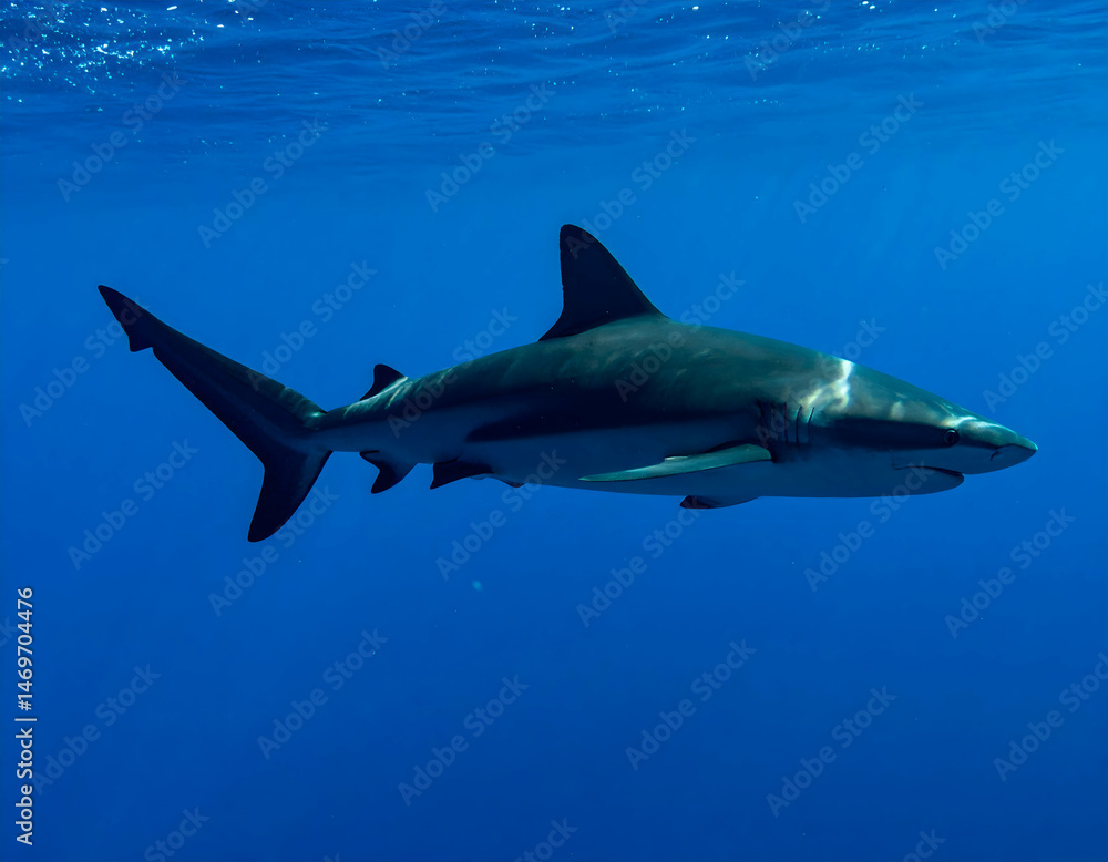 Fototapeta premium Gray Reef Shark Swimming in Deep Blue Ocean Water