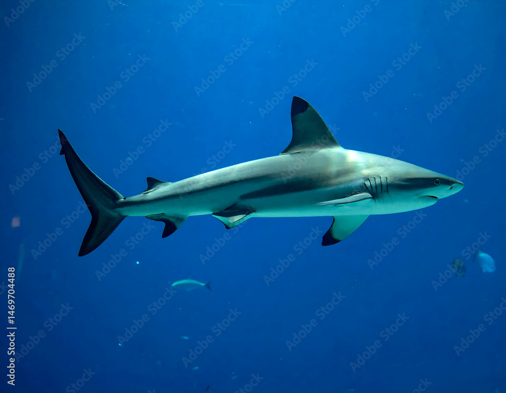 Fototapeta premium Blacktip Reef Shark Swimming in Deep Blue Ocean