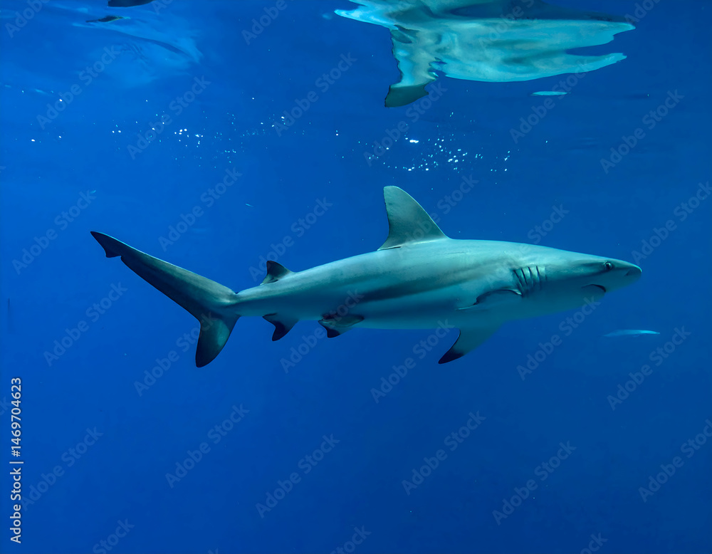 Fototapeta premium Gray Reef Shark Swimming in Deep Blue Ocean