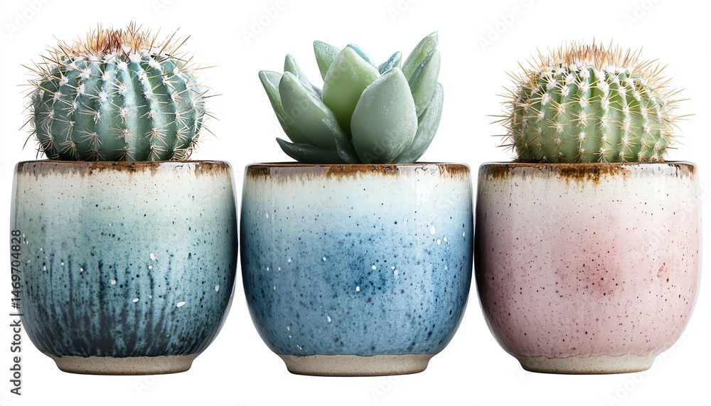 Three succulents in ombre ceramic pots.