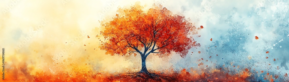 Autumn tree watercolor painting, vibrant colors, seasonal change.