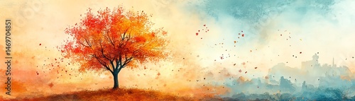 Autumn tree watercolor painting.  Tranquil nature scene.