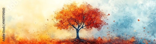 Obraz na płótnie Autumn tree watercolor painting, vibrant colors, seasonal change. w salonie