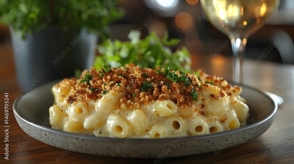 Decadent and cheese with crispy breadcrumb topping served with white wine